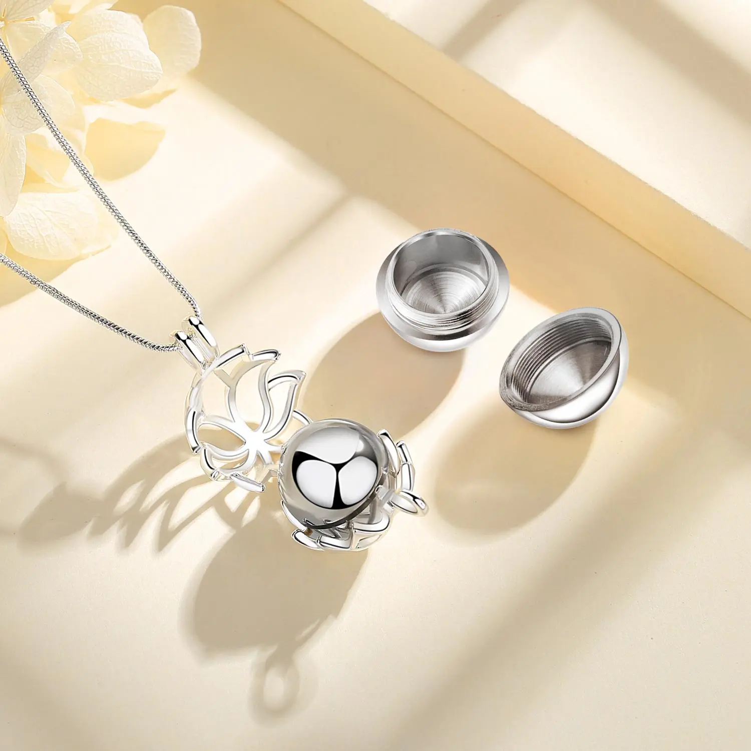 EUDORA Urn Cremation Pendant 14mm Lotus Blossom Cage Locket  Ash Holder Keepsake Capsule Necklace Hollow Ball DIY Jewelr k332n14