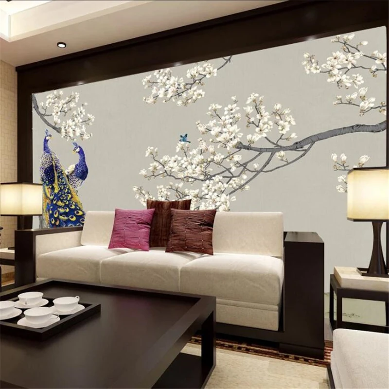 wellyu Custom large wall painter with Chinese magnolia peacock bird TV background wall wallpaper papel de parede