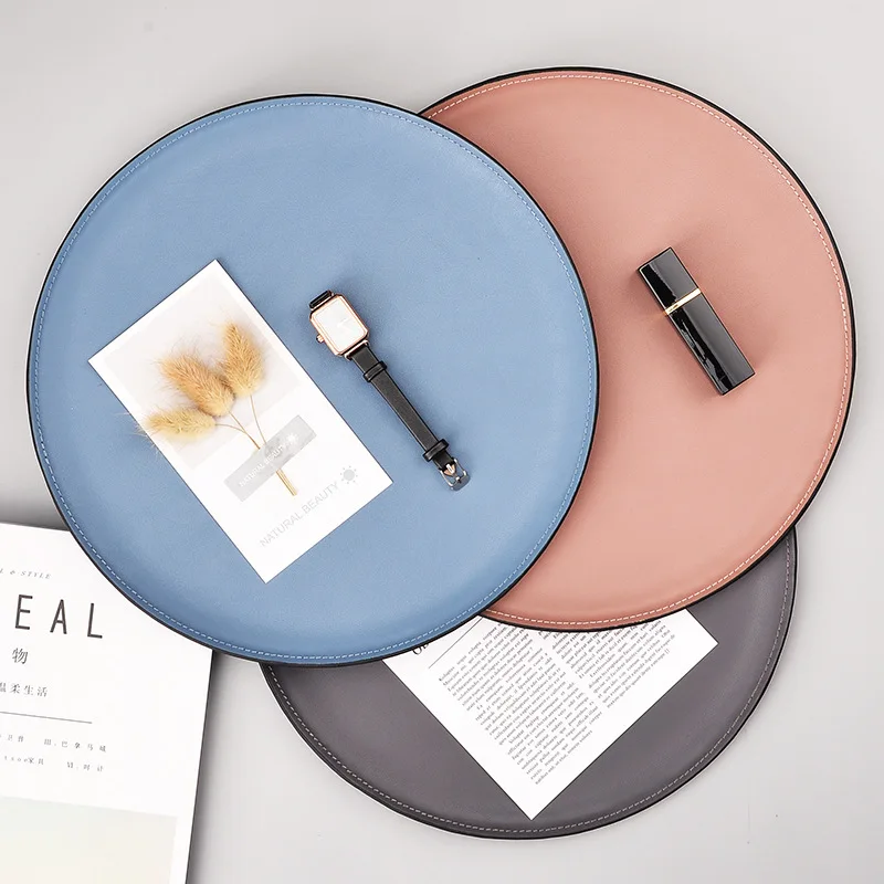 

Nordic Stainless Steel Pu Leather Round Storage Tray Fruit Snack Tea Tray key Wallet Coins storage box Cosmetic Home Decoration