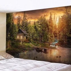 Large Natural Forest Chalet By The Lake Wall Tapestry Hippie Landscape Tapestries Wall Hanging Art Home Decoration Ceiling