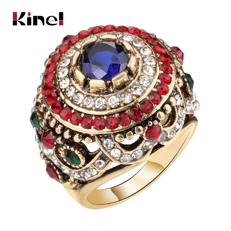 Kinel New Arrival Dubai Gold Antique Ring For Women Bohemian Blue Resin Inlay Crystal Punk King Ring Vintage Jewelry