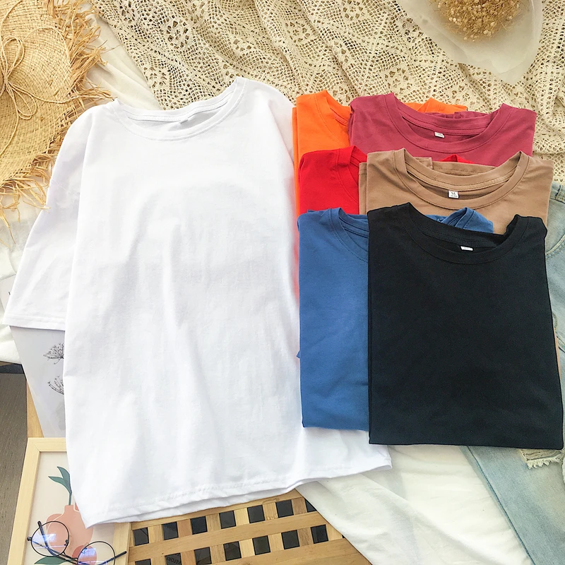 

2021 Shirts Summer Women Candy Color Tees Loose Minimalist Basic Tops Vintage Casual Solid Short Sleeved T Shirt Girls