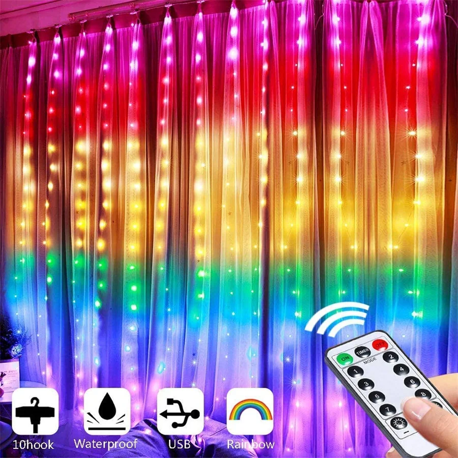 

Creative Rainbow Curtain Light 3x2.8M 280 LED Christmas Fairy Garland With Remote Window Icicle Lights For Wedding Party Bedroom