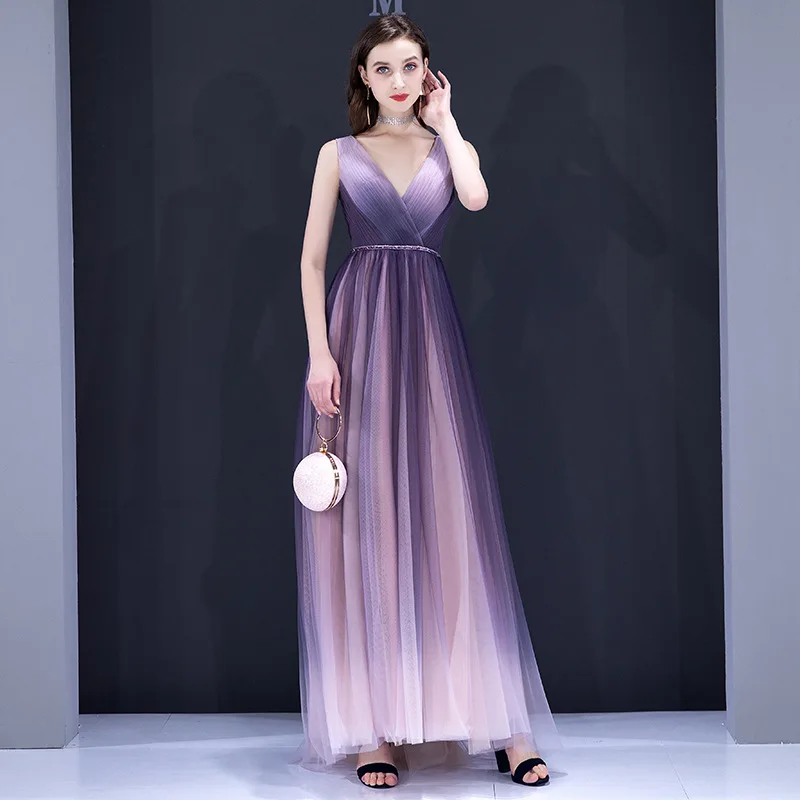 Purple starry evening dress fantasy long banquet dresses elegant gradient color 2020 new fashion sleeveless a line evening dress