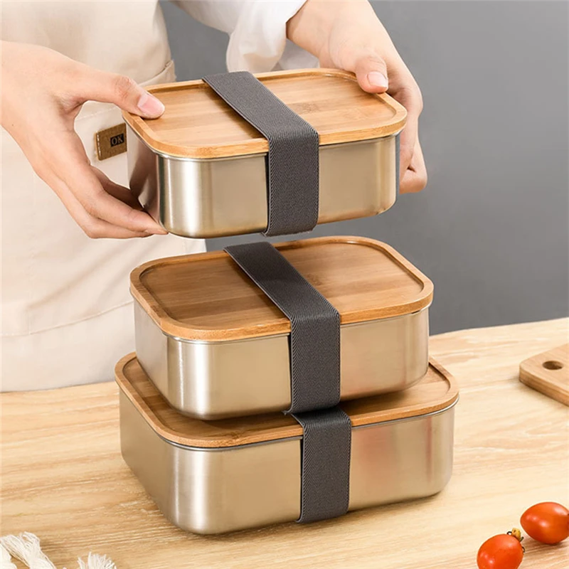 

304 Stainless Steel Lunch Bento Box Portable Leak-Proof Food Container with Sealed Wooden Lid for Picnic School Work