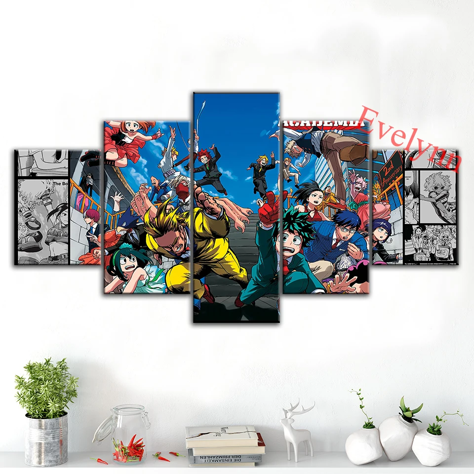 

5 Pieces Modern Canvas Anime Poster My Hero Academia Wall Art Print Modular Pictures For Living Room Home Decor Painting Frame