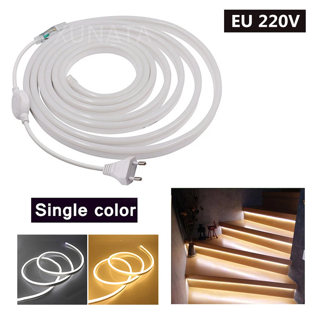 Flexível RGB LED Neon Light Strip, Sinal Noite Lâmpada, Fita, UE 220V, 2835, 5050, 60, 120LEDs por m