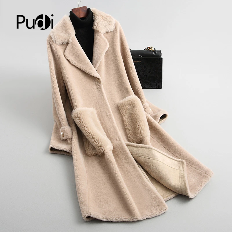 PUDI Women Wool Fur Coat Winter Female Sheep Fur Long Jacket Parka Trench Over Size A19017