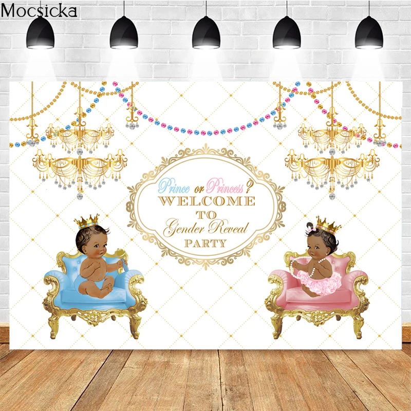 Mocsicka Gender Reveal Photography Background Chandelier Chair Crown Decoration Props Boy Girl Baby Shower Photo Backdrop Banner