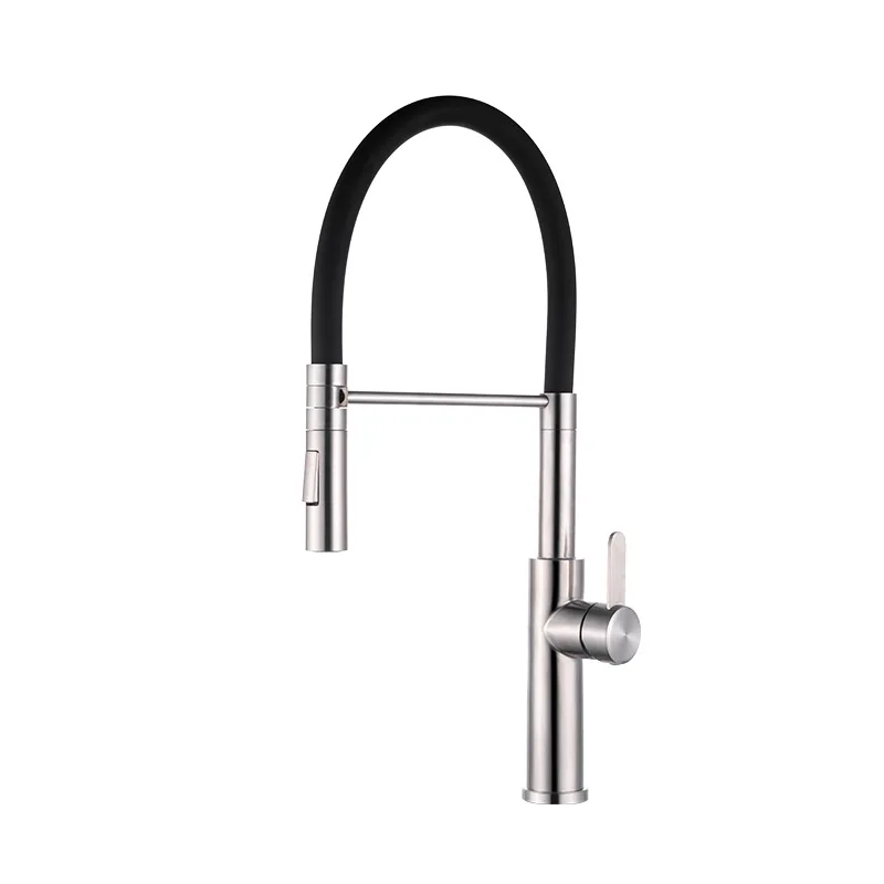 304Brushed Stainless Steel Universal Rotating Kitchen Faucet Black Hose Silicone Pull Hot and Cold Water Tank Faucet Sink Faucet