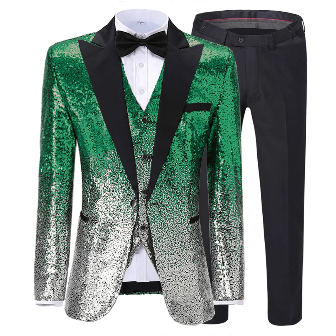 Green Silver Men\'s suit Shiny Sequins Suit Slim Fit Gold Tuxedos Blazer+Vest+Pant For Party Wedding Banquet Prom Stage Costume