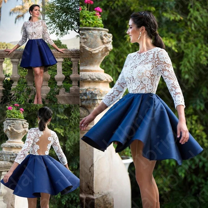 Charming On Sale Lace Homecoming Gowns Blue Short Wedding Party  with 3/4 Sleeves Cocktail Dresses Above Knee Illusion Back