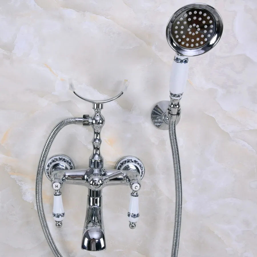 Chrome Silver Wall Mounted Rain Shower Faucet Round Handheld 2 Handle Luxury Bathroom Mixer Tap Set zna242