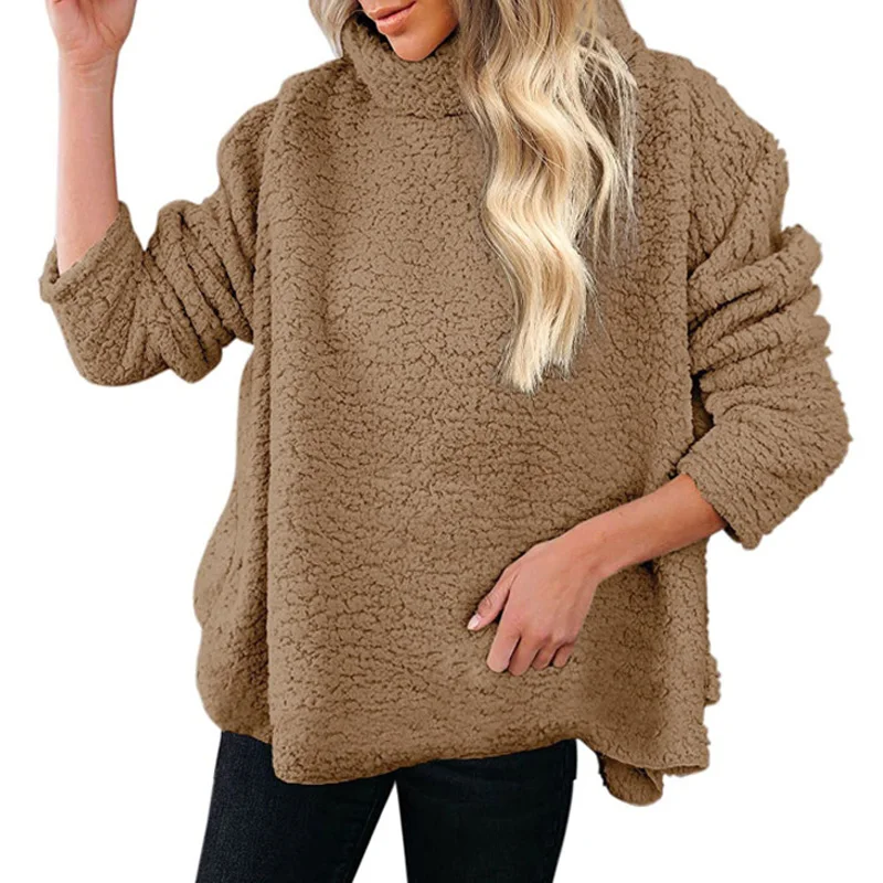 

HONGHANYUAN S to 5XL Women Tops Casual Woolen Velevet Warm Sweatshirt Soft Outwear Fashion Loose Female Turtleneck Pullover Pull