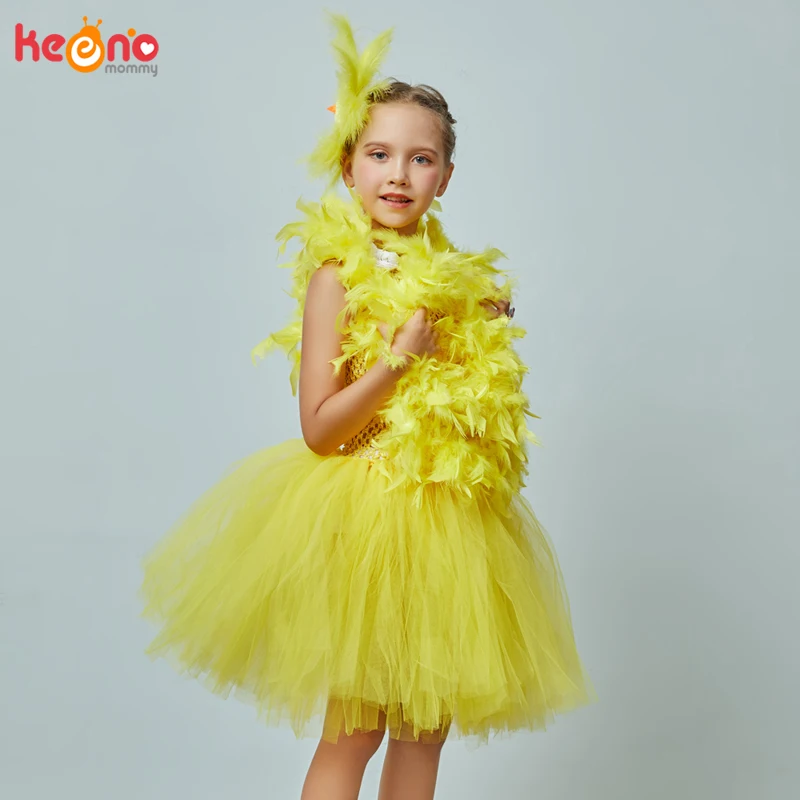 Yellow Chicken Tutu Dress Girls Kids Farm Animal Party Halloween Costume Feather Wings Children Cake Smash Photo Tulle Dress