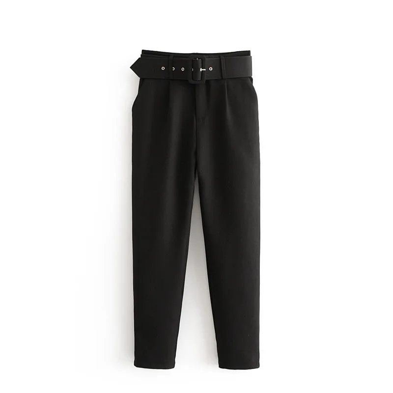 

black suit pants woman high waist pants sashes pockets office pants fashion autumn middle aged women bottoms