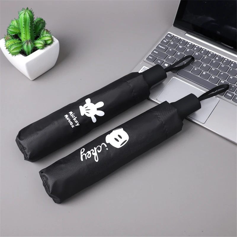 Disney Black Mickey Portable Folding Umbrellas Rain For Men Women Black Coating Parasol   Walking travel gifts