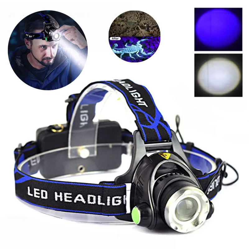 TOPCOM Powerful 4-Mode 5W LED Headlamp USB Rechargeable Zoom Headlight 395nm UV & White Head Torch For Camping Scorpion Detector