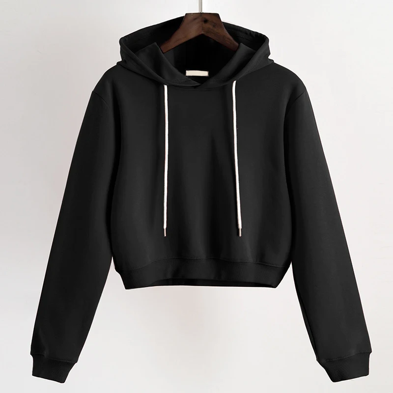 New Women Plain Hoodies Crop Top Solid Color Long Sleeve Ladies Hooded Pullover Summer Autumn Fashion Girl Sweatshirts Clothing