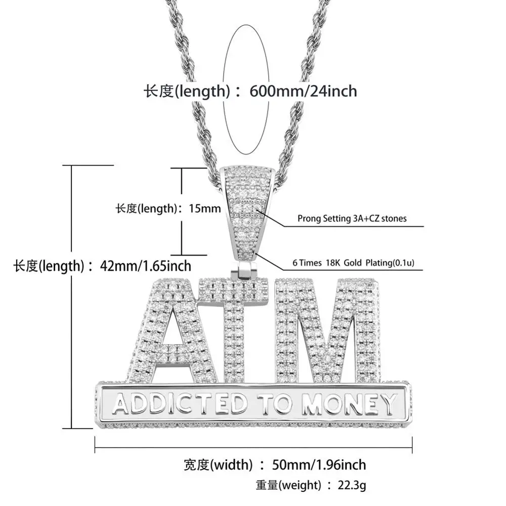 AAA مكعب زركونيا معبد مثلج خارج بلينغ مدمن المال ATM المعلقات قلادة للرجال الهيب هوب مغني الراب مجوهرات الذهب والفضة اللون #3