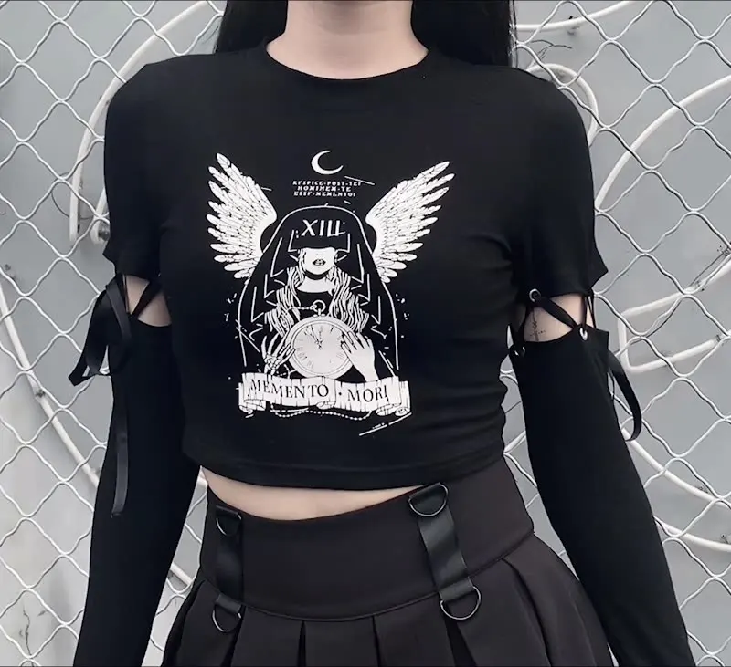 

Women's Harajuku Punk Gothic Style Long Sleeve Slim Fit T-Shirts, Graphic T Shirts, Witch Print, Bodycon Tops, Y2K Aesthetic, Au