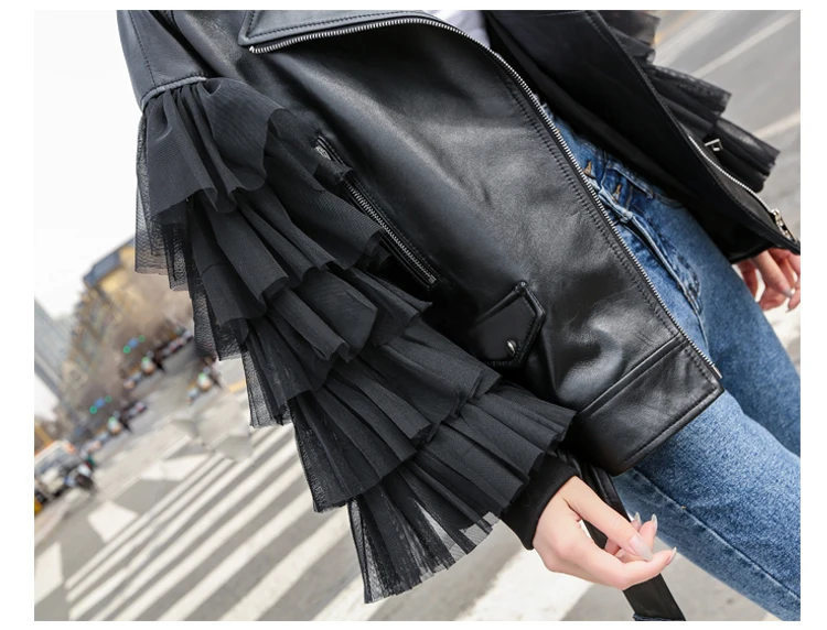 Lautaro Autumn Short Black Oversized Lace Patchwork Leather Biker Jacket Long Sleeve Loose Womans Clothing Fashionable Outerwear