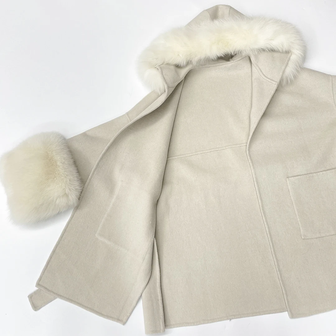 Imagem -06 - Missjanefur 2023 Cabolsa de Inverno para Mulheres Cabolsas de lã Cashmere com Capuz de Pele Real Manguito Quente Luxo com Cinto Longo Trench Cabolsa de Pele