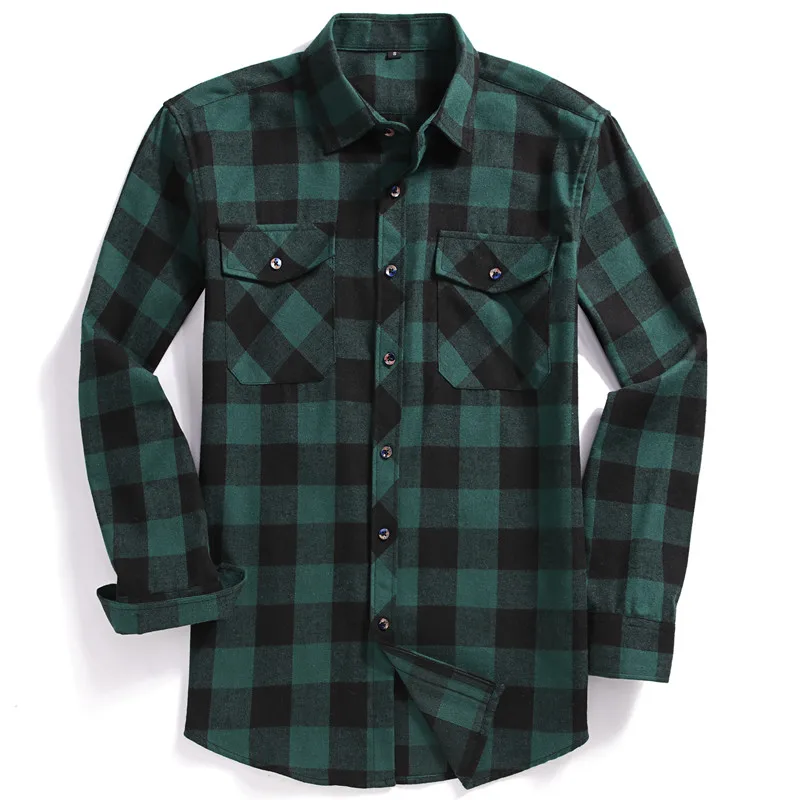 Fall Men's Long-Sleeved Casual Button Shirt Flannel Plaid Regular Fit Classic Double Pocket Design Shirt Outerwear Man Red Green