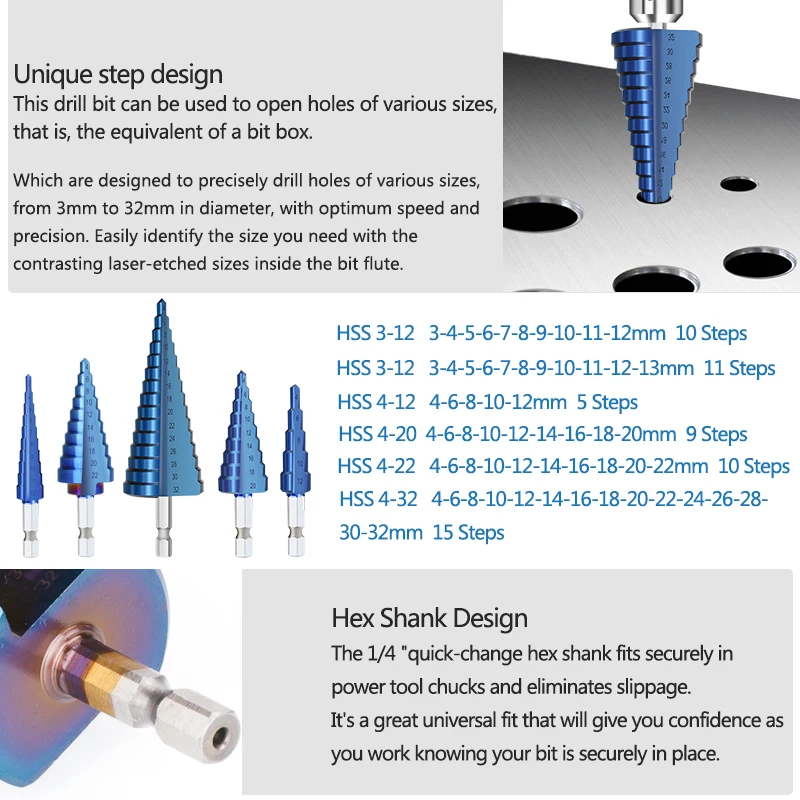 CMCP ขั้นตอนกรวยเจาะตรงขลุ่ย Stepped เจาะ Bit Hex Shank HSS Core Hole Cutter 3-13 4-12/20 /22/32 มม.เจาะโลหะบิต