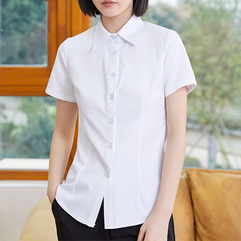 Korean Cotton Shirts Women White Shirt Office Lady Solid Pink Shirts Blouse Casual Woman Basic Blouse Tops Fashion Women Shirt