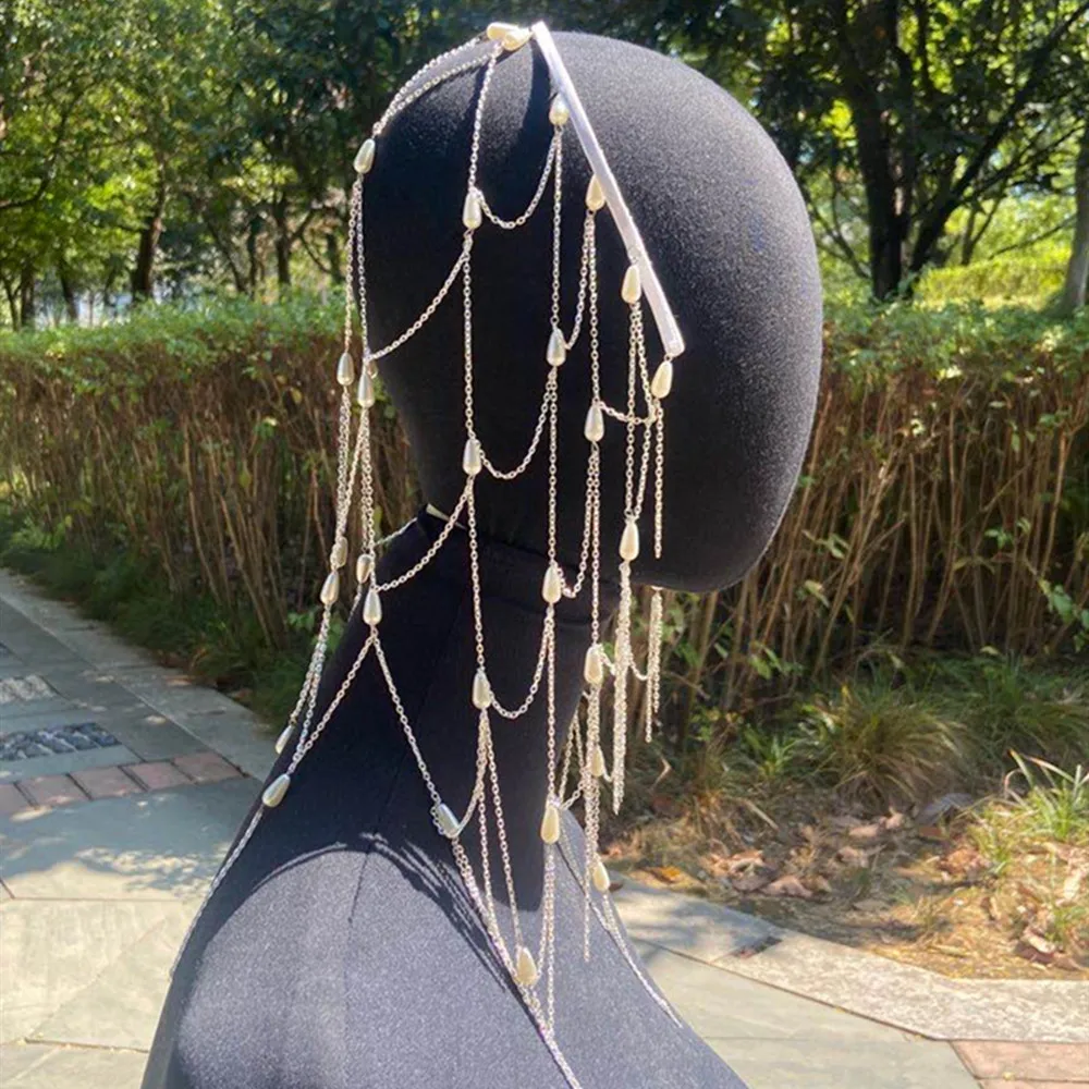 Newest Metal Pearl Chain Wedding Headpiece Mesh Tassel Headband Hair Head Hoop Jewelry for Women Handmade Hair Chain Accessories