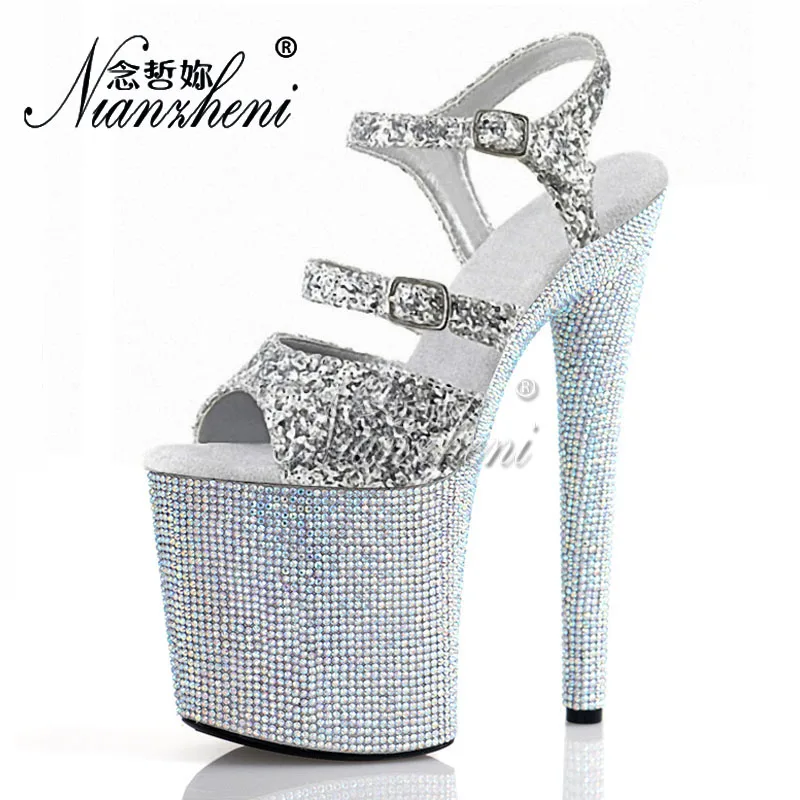 20cm Rhinestone Gladiator Stage Nightclub Gothic Peep Toe Full Dress Catwalk Strip Pole Dance Gothic Platform Elegant Big Size