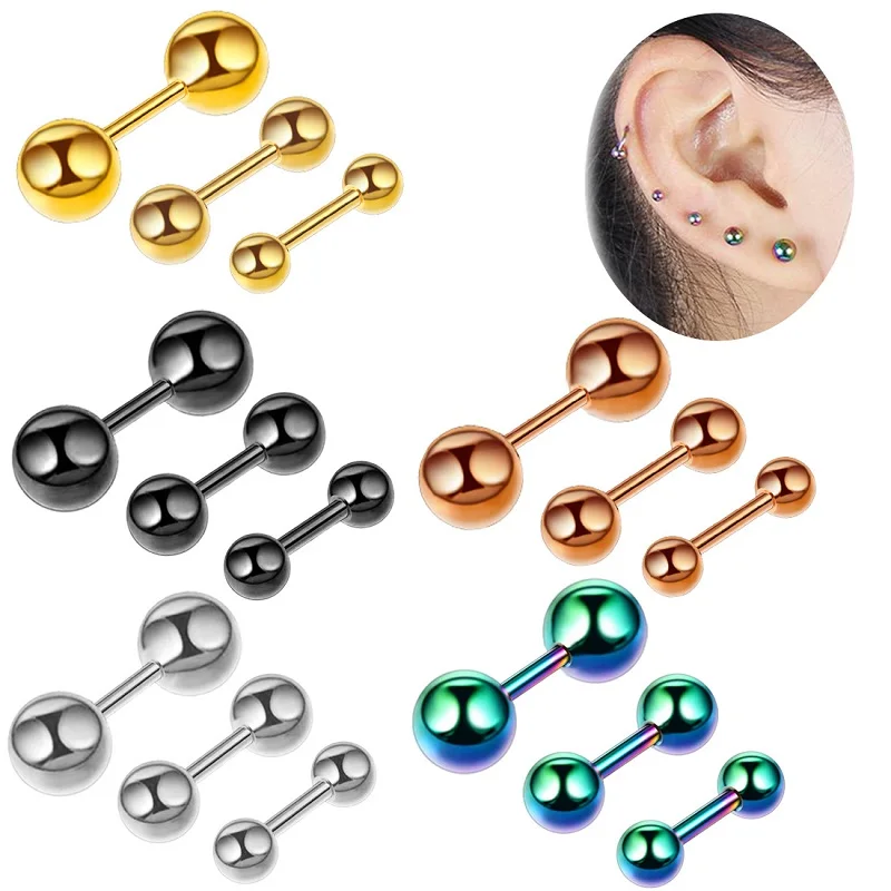 3pcs/set Women stainless steel Screw ball Ear Studs Earrings Piercing Tragus Earring Cartilage Helix Ear Bone Nail/Stick Jewelry