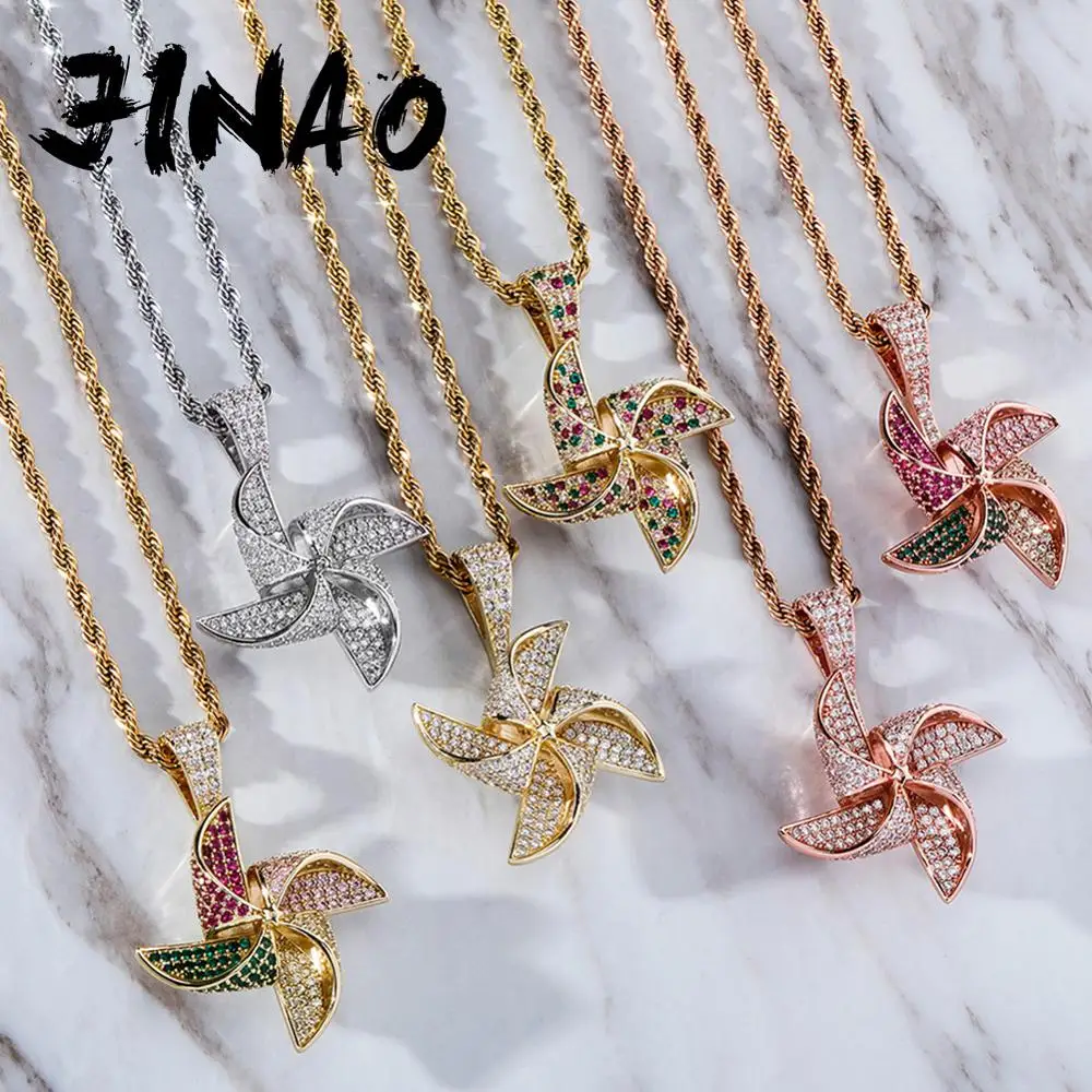 JINAO New Iced Out Luxury Hip Hop Rotate Colorful Windmill Pendant Necklace Fashion Jewelry For Gift