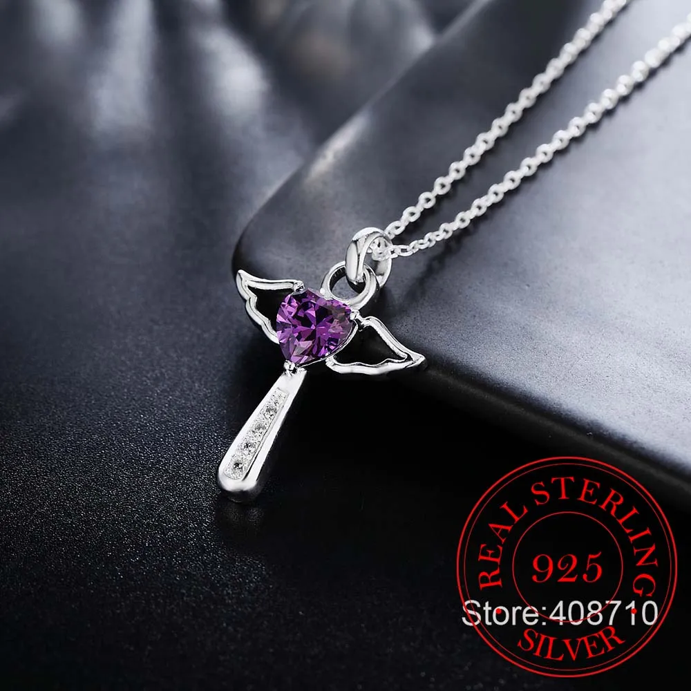 Genuine 925 Sterling Silver Jesus Cross Necklace Fine Jewelry Double Angel Wings Heart Zirconia Pendant Necklace Holiday Sale