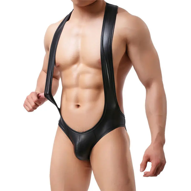 Sexy Men Undershirts Leotard Faux Leather Black Bodysuits Jockstrap Erotic Open Butt Wetlook Latex Jumpsuit Thongs Gay Underwear