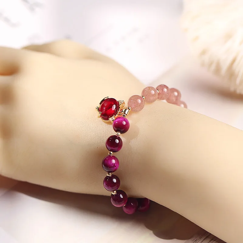 Natural Strawberry Crystal/Amethyst/Rose Red Tiger's Eye Beads Fox Brave Troops Pendant Bracelets Women Fine Jewelry Gift YBR350