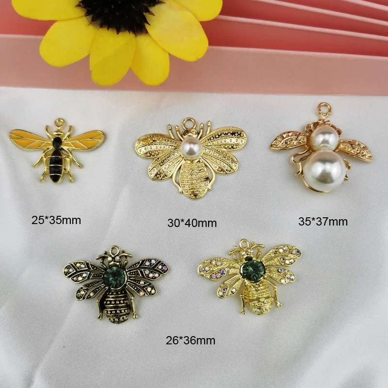 10pcs Chic Pearl Insect Bees Enamel Charms Pendants Rhinestone Big Bee Metal Charm DIY Bracelet Necklace Dangle For Jewelry Make