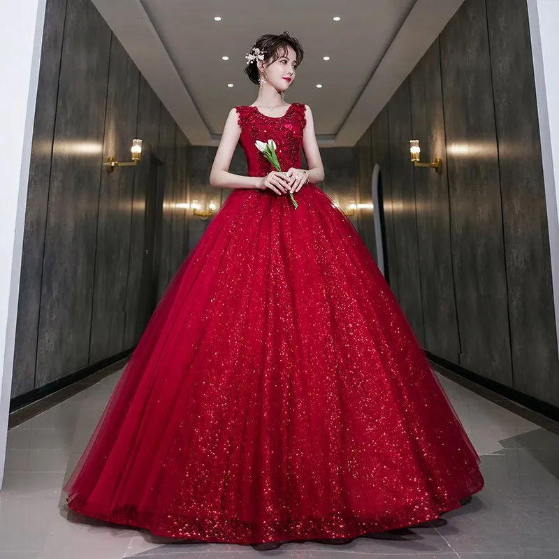 Wine Red Shiny Quinceanera Dress Sleeveless Party Dress Elegant V-neck Ball Gown Vintage Prom Gowns Robe De Bal Customized