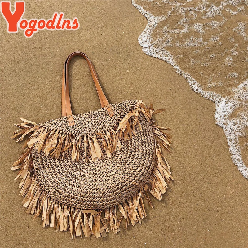 Bohemian Round Tassel Straw Bags Rattan Women Crossbody Bags Wicker Lady Shoulder Bag Small Purses Summer Beach Bags