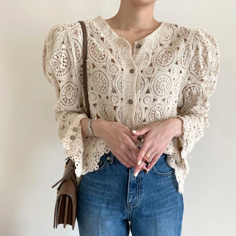 Hollow Out Hook Flower Knitted Cardigan Elegant V-neck Casual Women\'s Sweater Chic Button Split Puff Sleeve Femme Jacket