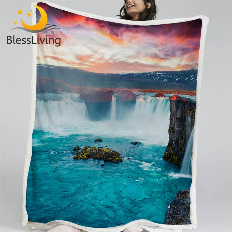 

BlessLiving Sunrise Scene Pink Blanket Godafoss Waterfall Landscape Sherpa Blanket 3D Print Throw Blanket Colorful Sunset Mantas