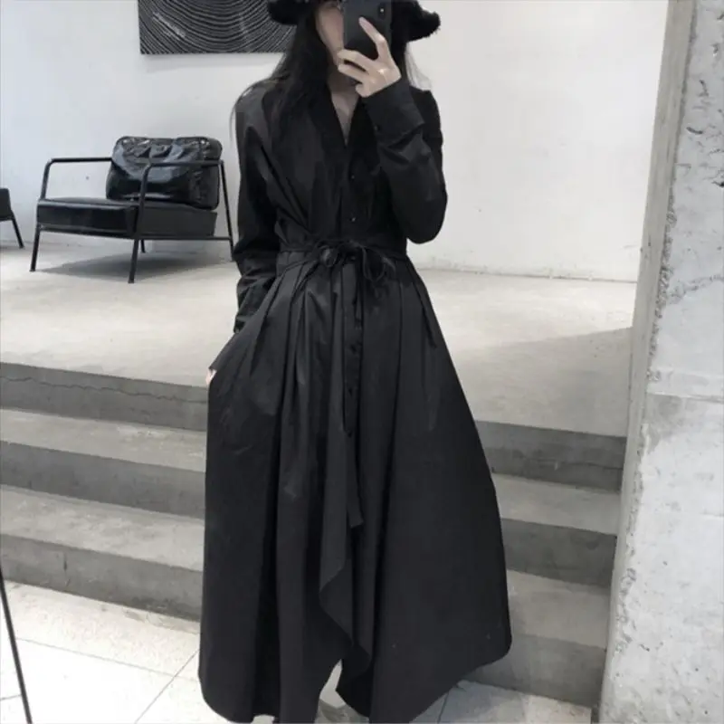 

Ladies Long Sleeve Shirt Skirt Autumn New V-Collar Solid Color Long Belt Design Single Breasted Simple Irregular Skirt
