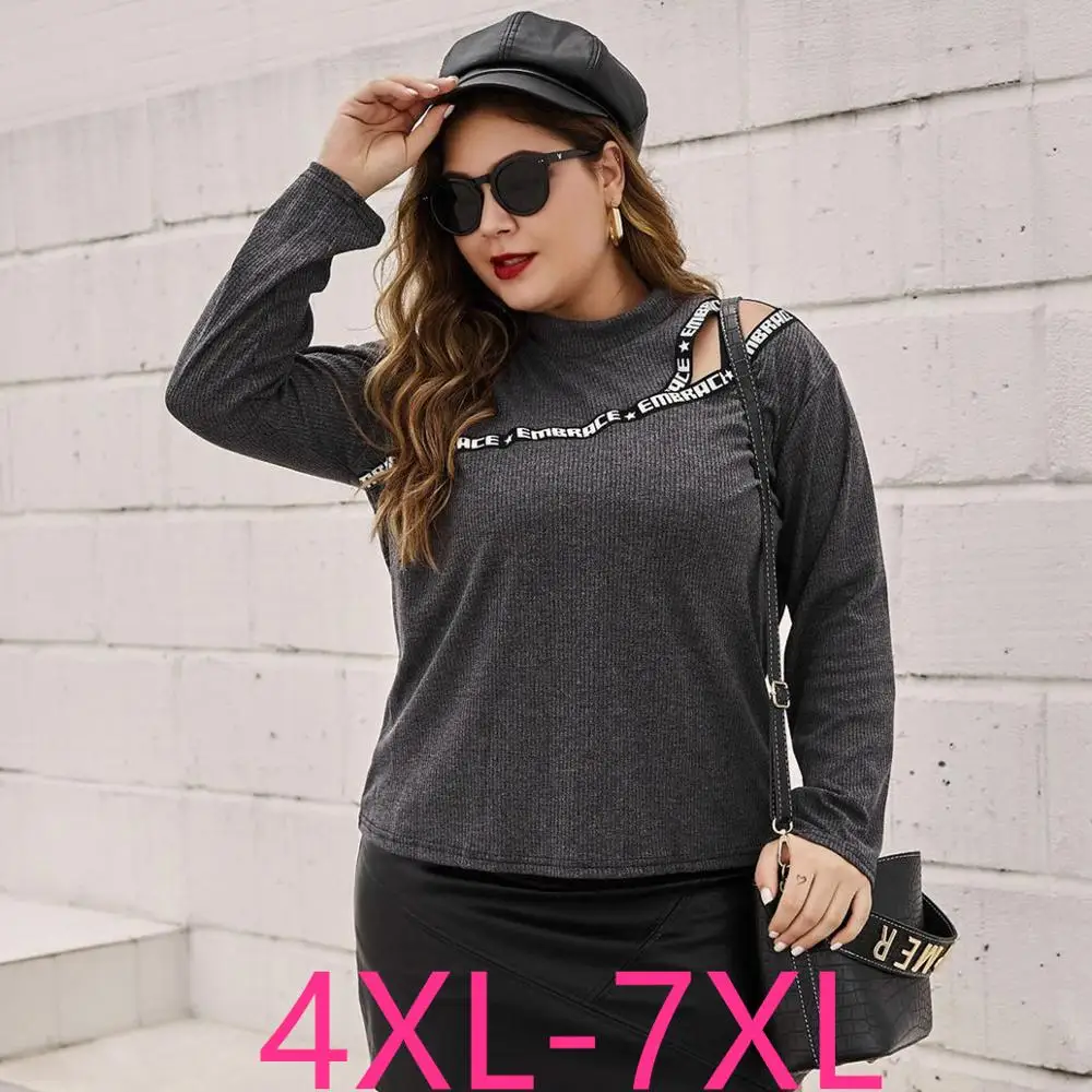 

2019 new autumn winter plus size knit tops for women large long sleeve loose casual o neck sweater pullover gray 4XL 5XL 6XL 7XL