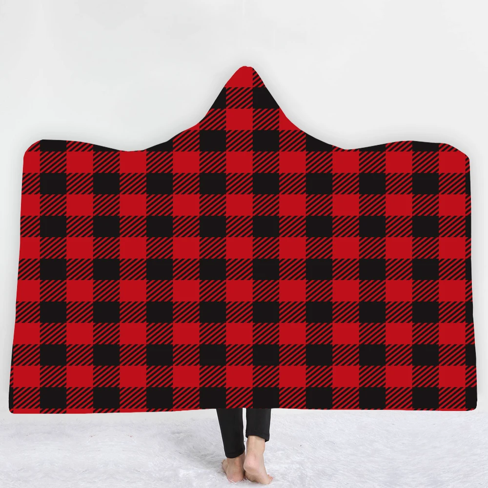 

3D Printed Plaid Hooded Blanket for Woman England Style Sherpa Soft Fleece Wearable Throw Blanket Microfiber Family Bedding