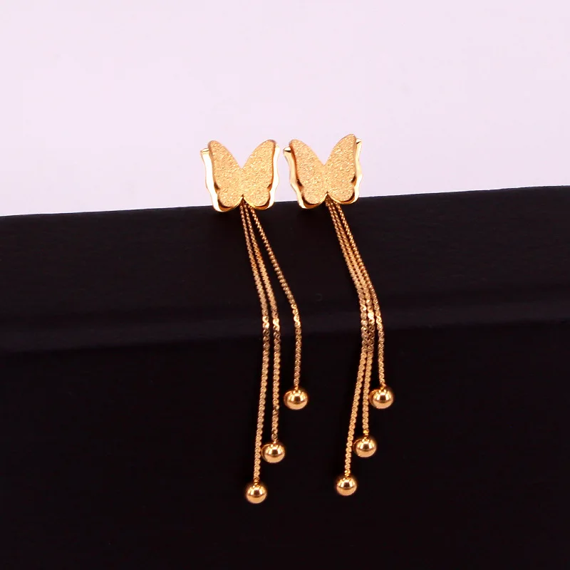 Fashion Rose Gold Color Frosted Butterfly Earplugs Hanging Three Steel Ball Tassel Earrings For Women Jewelry Wholesale