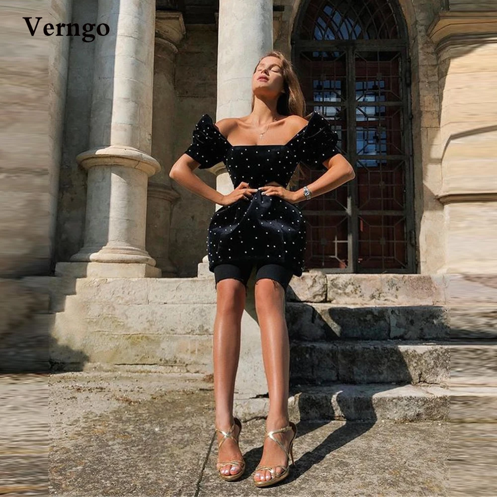 

Verngo Black Off the Shoulder Velour Cocktail Party Dresses Short Sleeves Tutu Fluffy Skirt Mini Formal Gowns Women Prom Dress