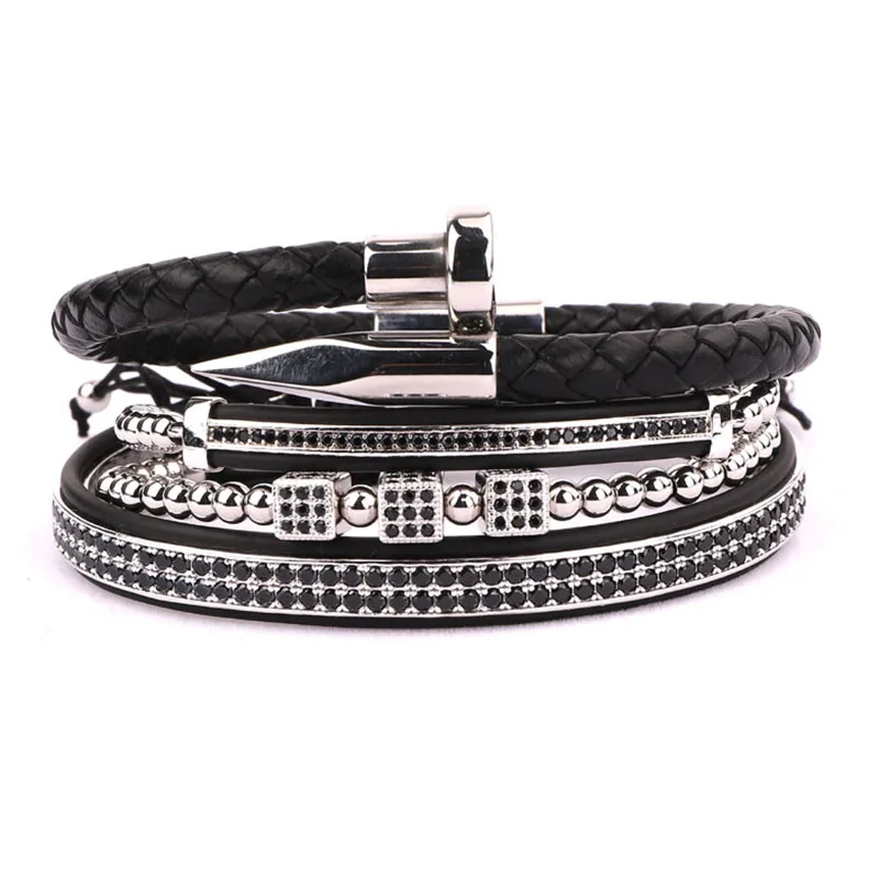 Luxury Men Bracelet Set Stainless Steel Nail Bangle CZ Pave Brass Adjustable Bracelet Bangle For Men