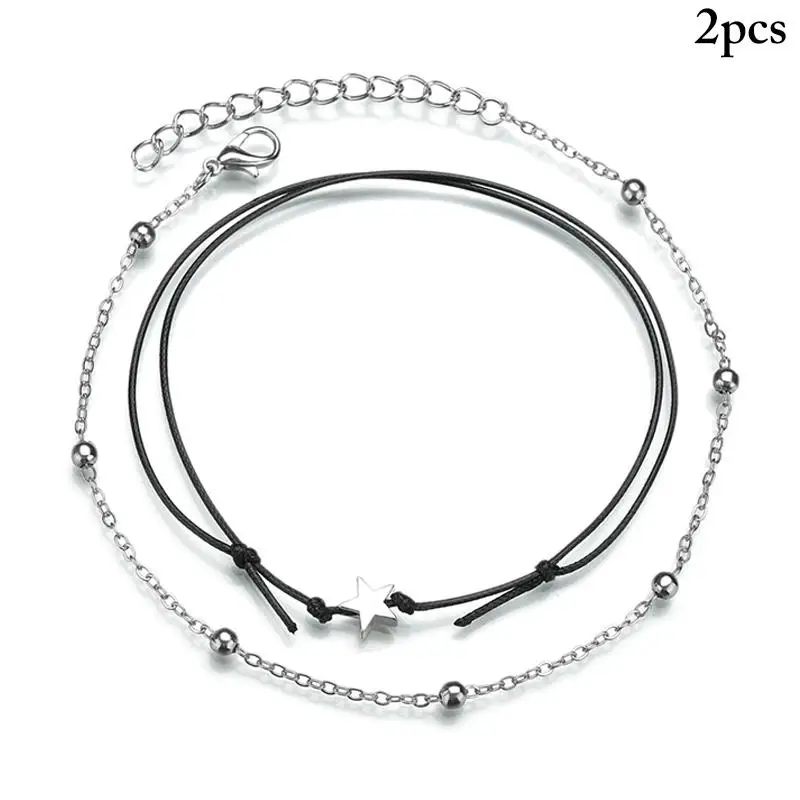 2Pcs/Set Women Anklets Star Heart Decor Fashion Alloy Anklet Rope Anklet For Beach Travel Jewelry Accessories Party Dress Up