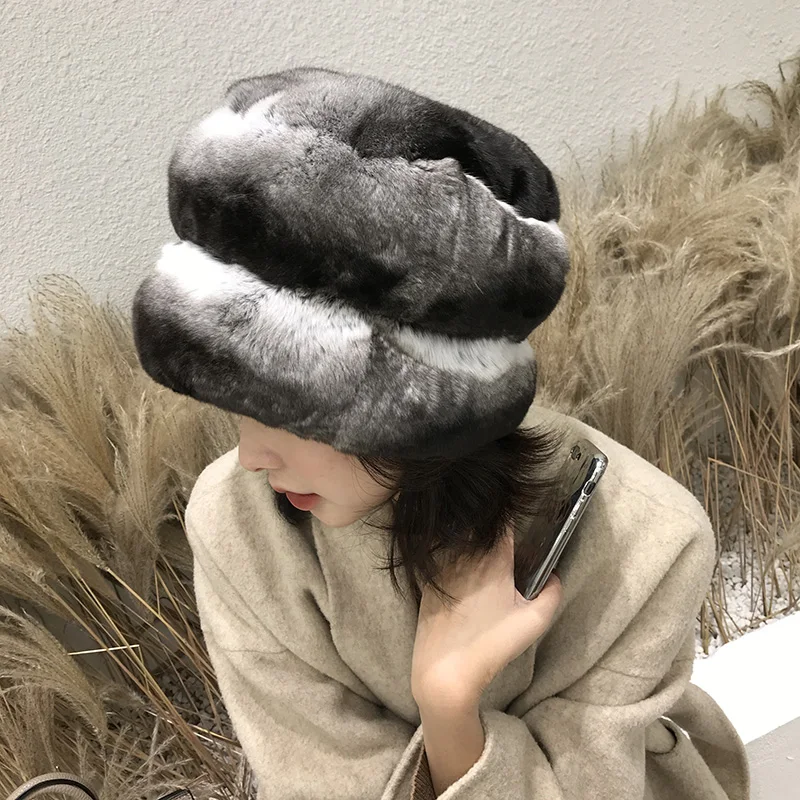 

Thicken Warm Real Rex Rabbit Fur Hat Winter Women's Fur Cap Rich Luxury Fluffy Chinchilla Dyed Color Hats